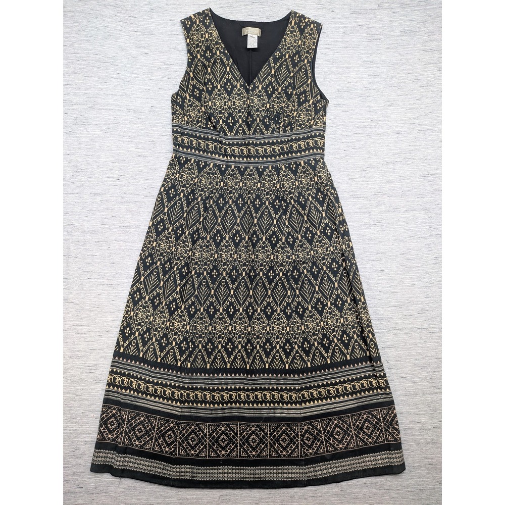 The Territory Ahead Midi Dress Womens 6 Black‎ Tan Sleeveless Boho Ethnic Print